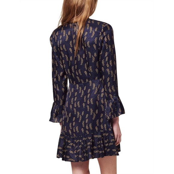 Sandro Milly Dress Chain Link Print Mini Silk Navy Surplice Long Sleeves - Picture 12 of 16